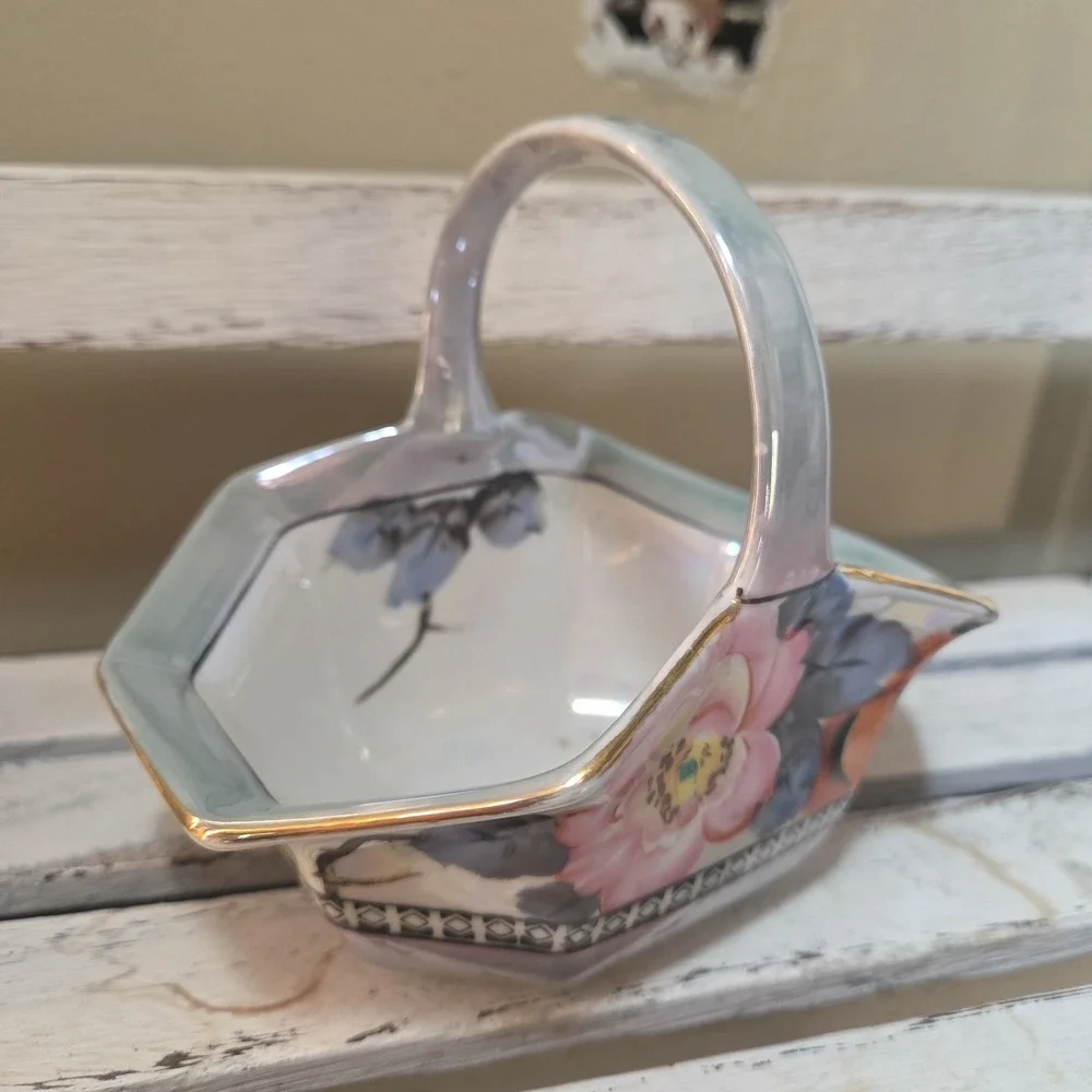 Vintage Lusterware Porcelain Basket with Hand-painted Floal Motif Japan Art Deco